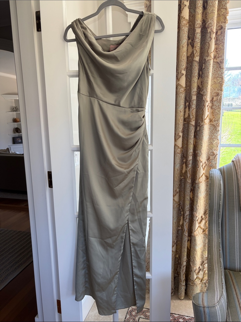 Elegant Cowl Neck Satin Evening Dress in sage